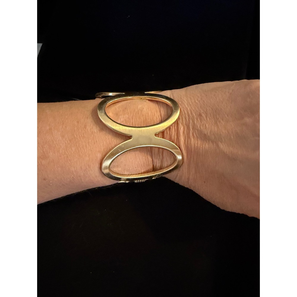 Gold Tone Openwork Geometric Oval Cutout Hinged Cuff Statement Bracelet
